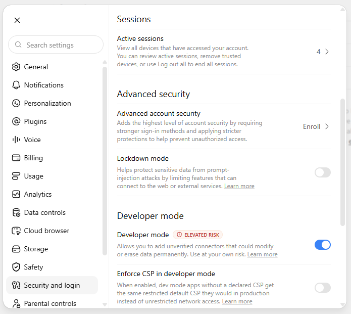 ChatGPT: nastavení Security and login s přepínačem Developer mode
