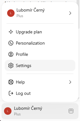 ChatGPT: menu účtu vlevo dole s položkou Settings