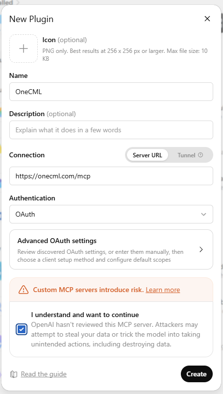 ChatGPT: dialog pro vlastní plugin s názvem, URL a volbou OAuth