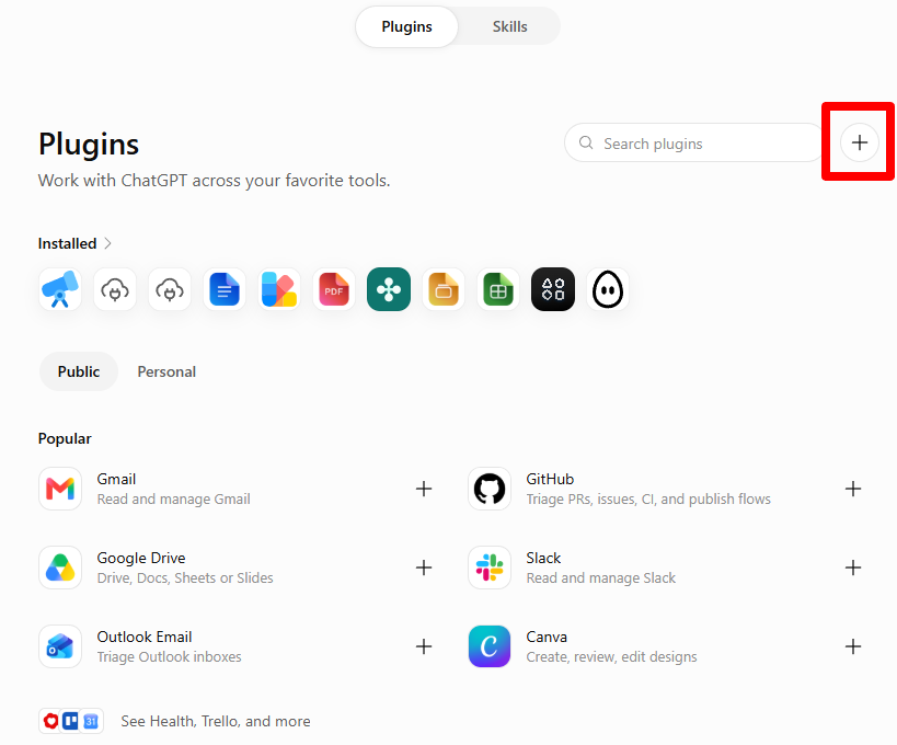 ChatGPT: symbol plus vpravo nahoře pro přidání vlastního pluginu