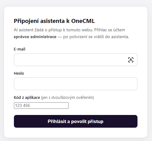 Přihlašovací stránka OneCML pro připojení asistenta