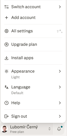 Perplexity: menu účtu vlevo dole s položkou All Settings