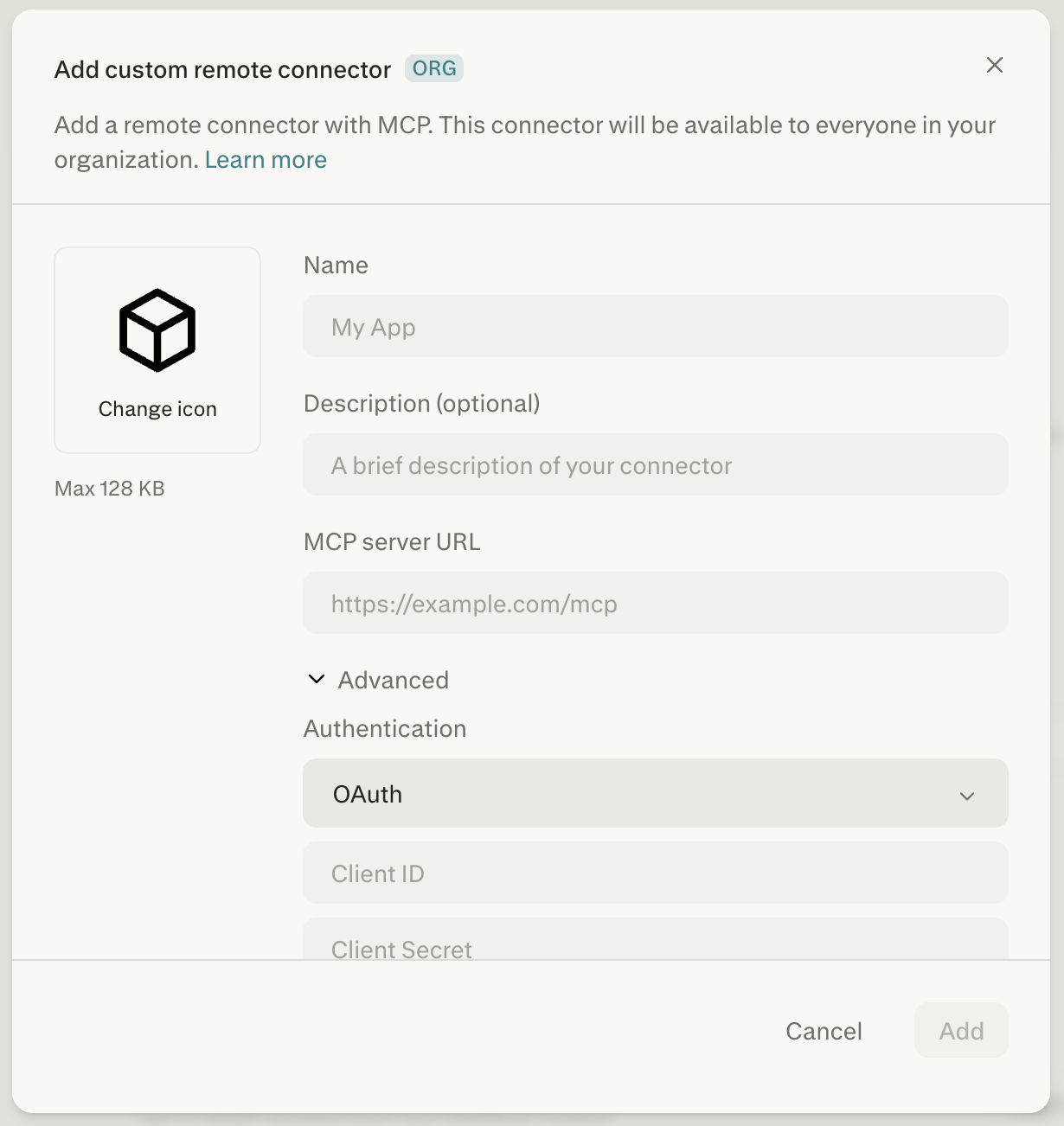 Perplexity: dialog Custom connector s názvem, MCP Server URL a volbou OAuth 2.0